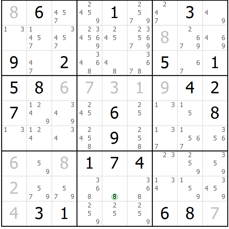 Position des candidats pour la solution de la Gr 2 page 5 du magazine de sudoku Virtuose n° 105
