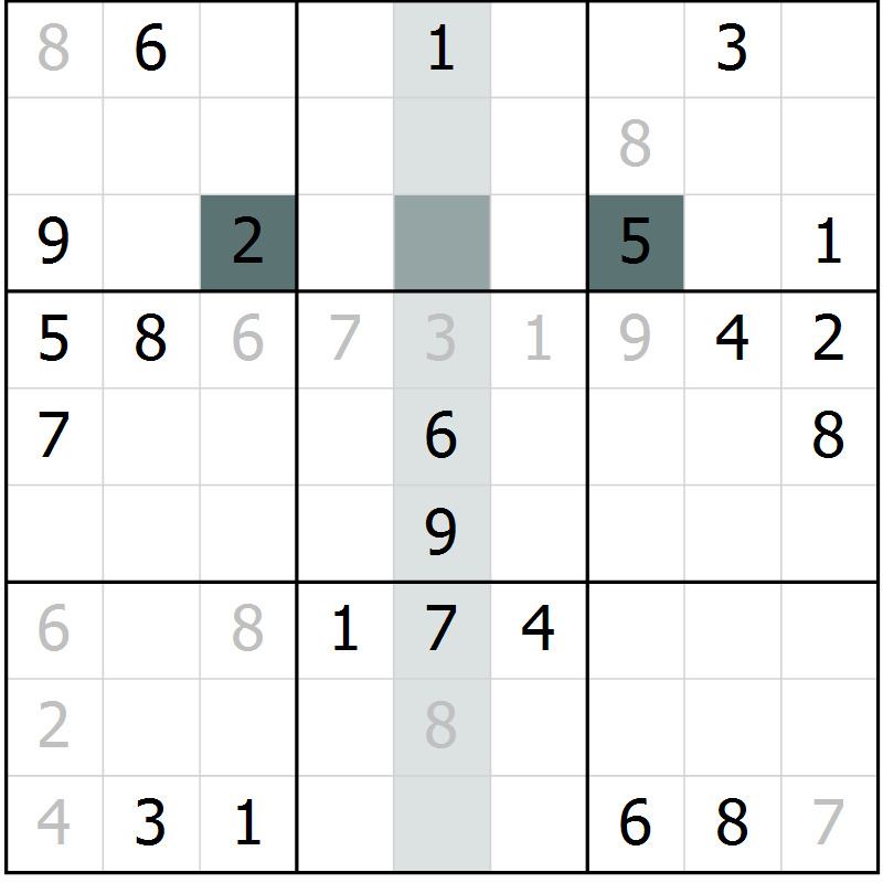 Position des candidats pour la solution de la Gr 2 page 5 du magazine de sudoku Virtuose n° 105