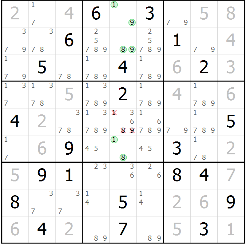 Position des candidats pour la solution de la Gr 21 page 24 du magazine de sudoku Virtuose n° 105