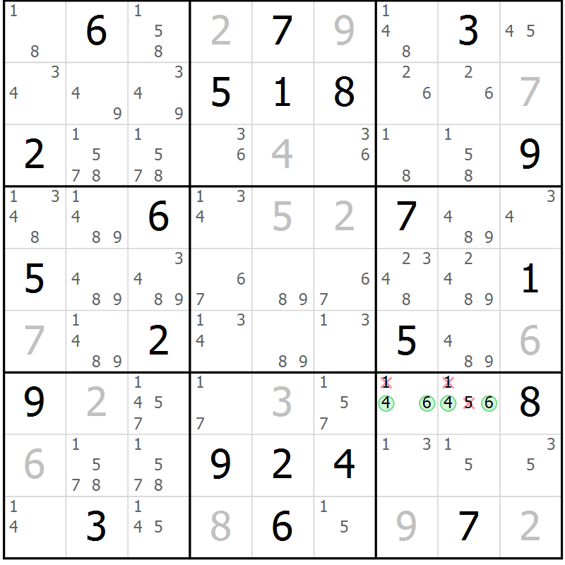 Position des candidats pour la solution de la Gr 22 page 25 du magazine de sudoku Virtuose n° 105