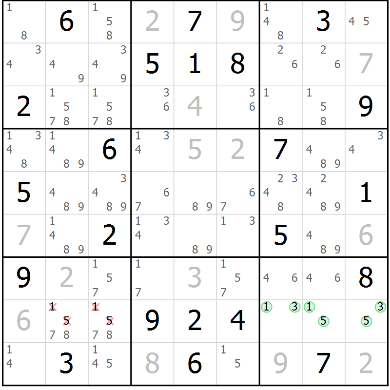 Position des candidats pour la solution de la Gr 22 page 25 du magazine de sudoku Virtuose n° 105