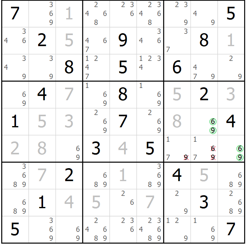 Position des candidats pour la solution de la Gr 23 page 26 du magazine de sudoku Virtuose n° 105