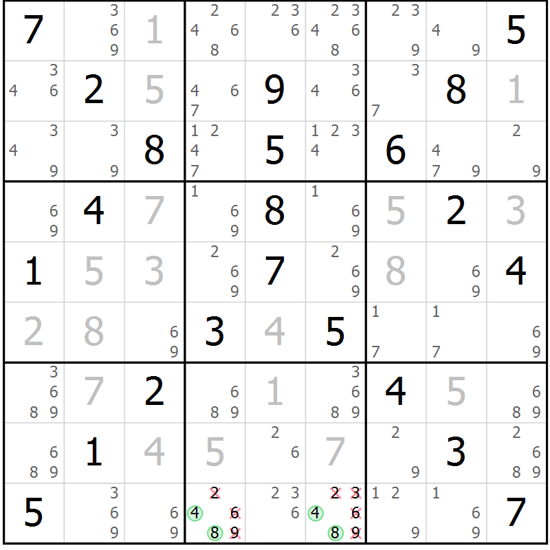 Position des candidats pour la solution de la Gr 23 page 26 du magazine de sudoku Virtuose n° 105
