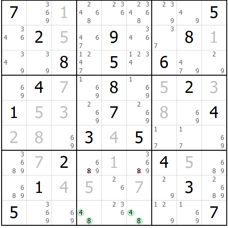 Position des candidats pour la solution de la Gr 23 page 26 du magazine de sudoku Virtuose n° 105