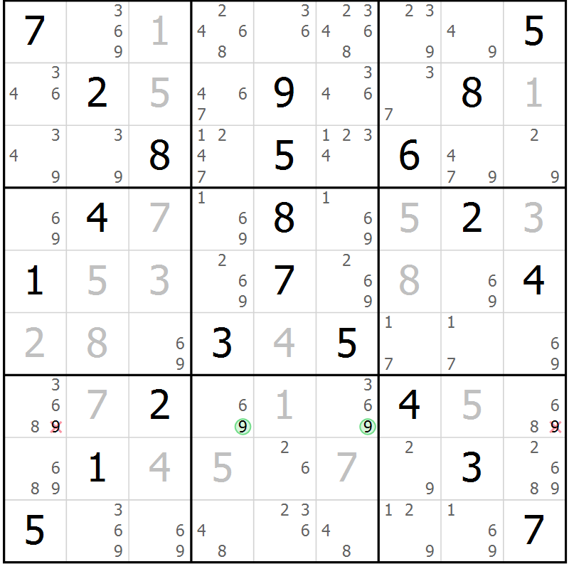 Position des candidats pour la solution de la Gr 23 page 26 du magazine de sudoku Virtuose n° 105
