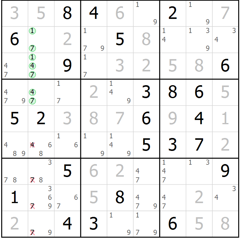 Position des candidats pour la solution de la Gr 24 page 27 du magazine de sudoku Virtuose n° 105