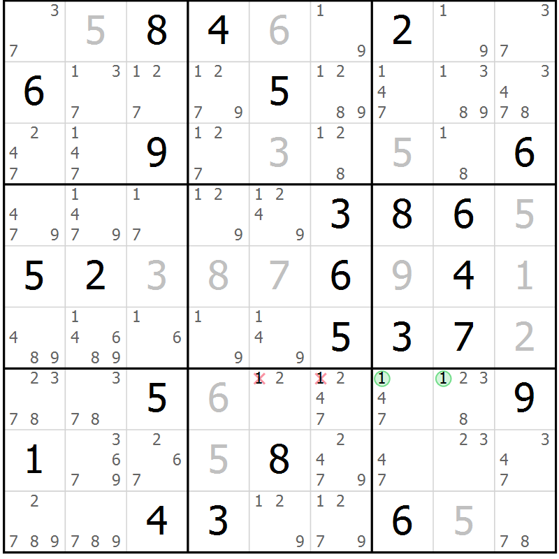 Position des candidats pour la solution de la Gr 24 page 27 du magazine de sudoku Virtuose n° 105