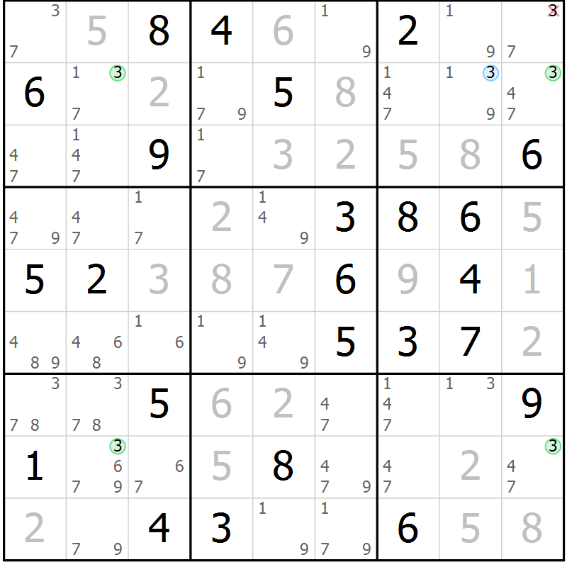 Position des candidats pour la solution de la Gr 24 page 27 du magazine de sudoku Virtuose n° 105