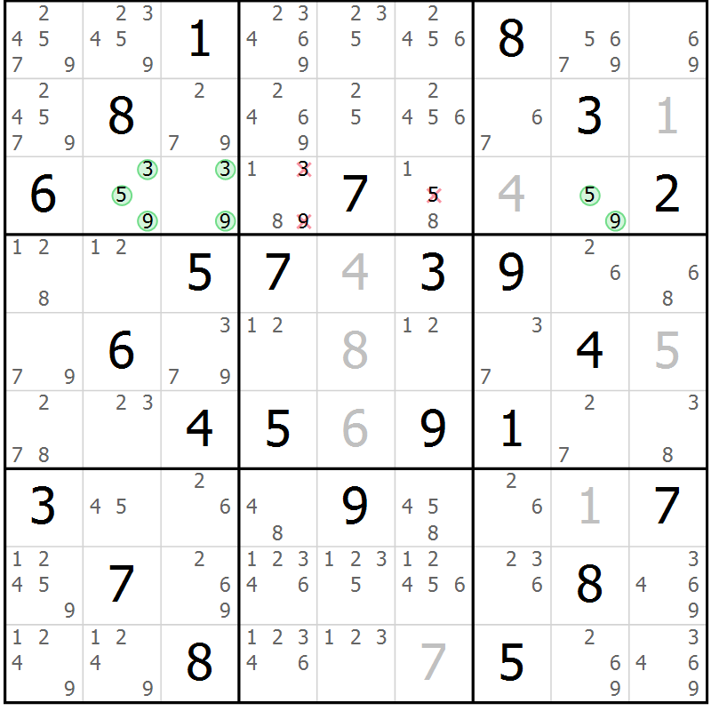 Position des candidats pour la solution de la Gr 25 page 28 du magazine de sudoku Virtuose n° 105