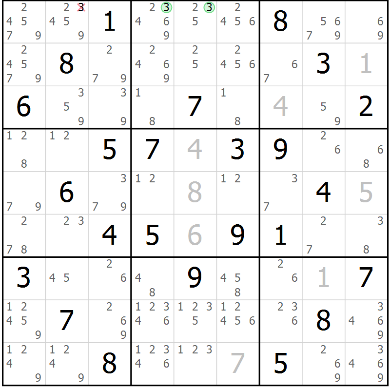 Position des candidats pour la solution de la Gr 25 page 28 du magazine de sudoku Virtuose n° 105