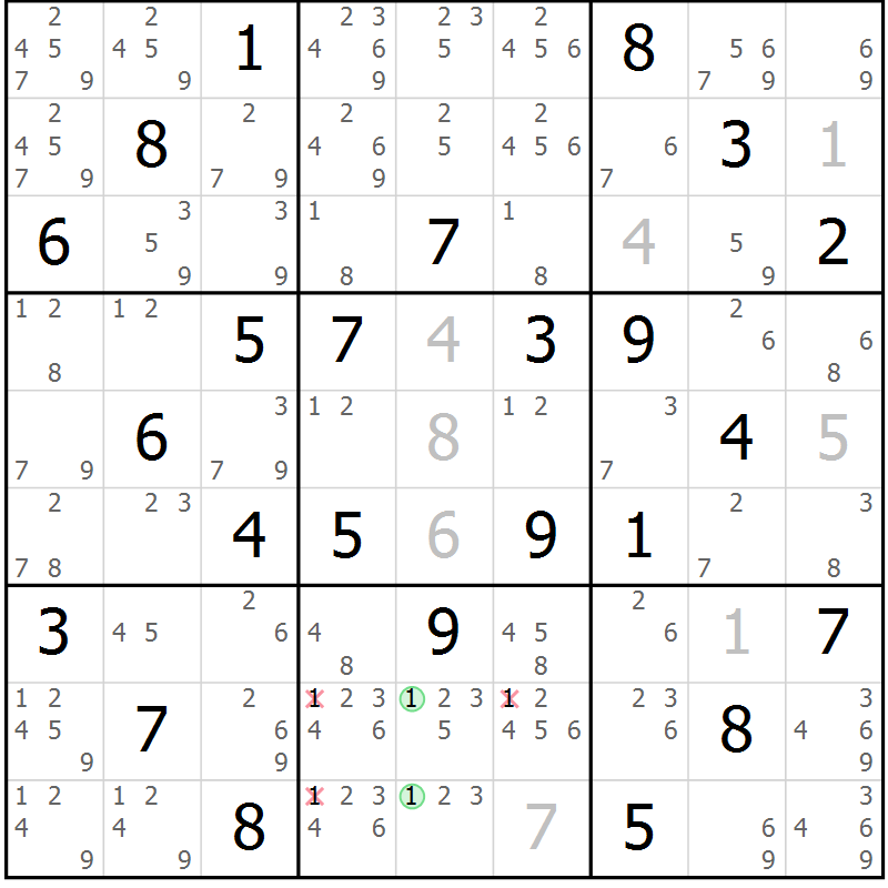 Position des candidats pour la solution de la Gr 25 page 28 du magazine de sudoku Virtuose n° 105