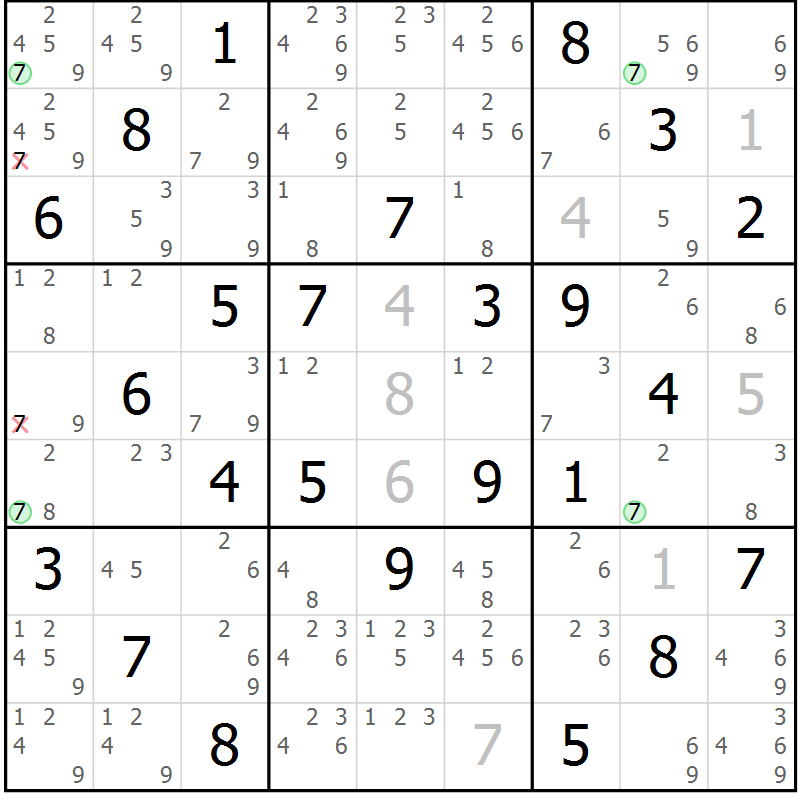 Position des candidats pour la solution de la Gr 25 page 28 du magazine de sudoku Virtuose n° 105