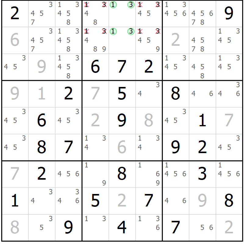 Position des candidats pour la solution de la Gr 26 page 29 du magazine de sudoku Virtuose n° 105