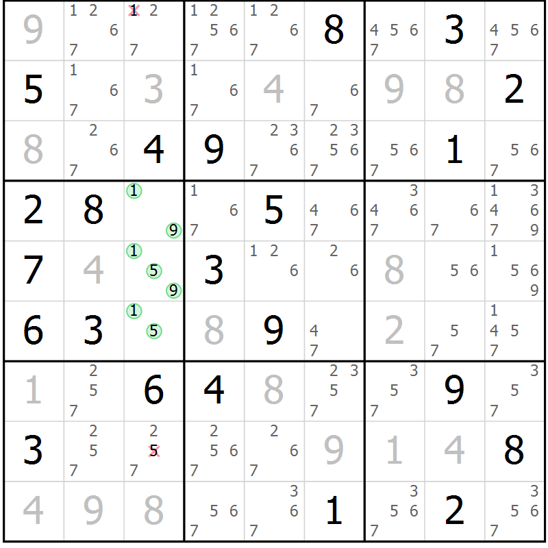 Position des candidats pour la solution de la Gr 3 page 6 du magazine de sudoku Virtuose n° 105