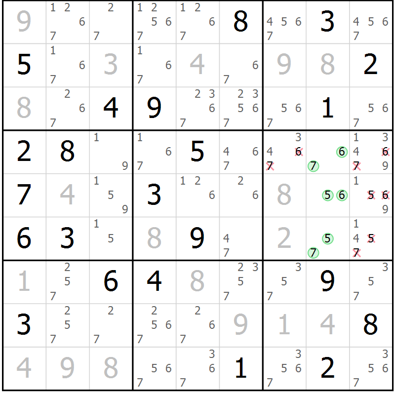 Position des candidats pour la solution de la Gr 3 page 6 du magazine de sudoku Virtuose n° 105