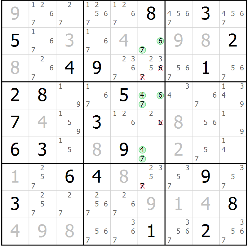 Position des candidats pour la solution de la Gr 3 page 6 du magazine de sudoku Virtuose n° 105