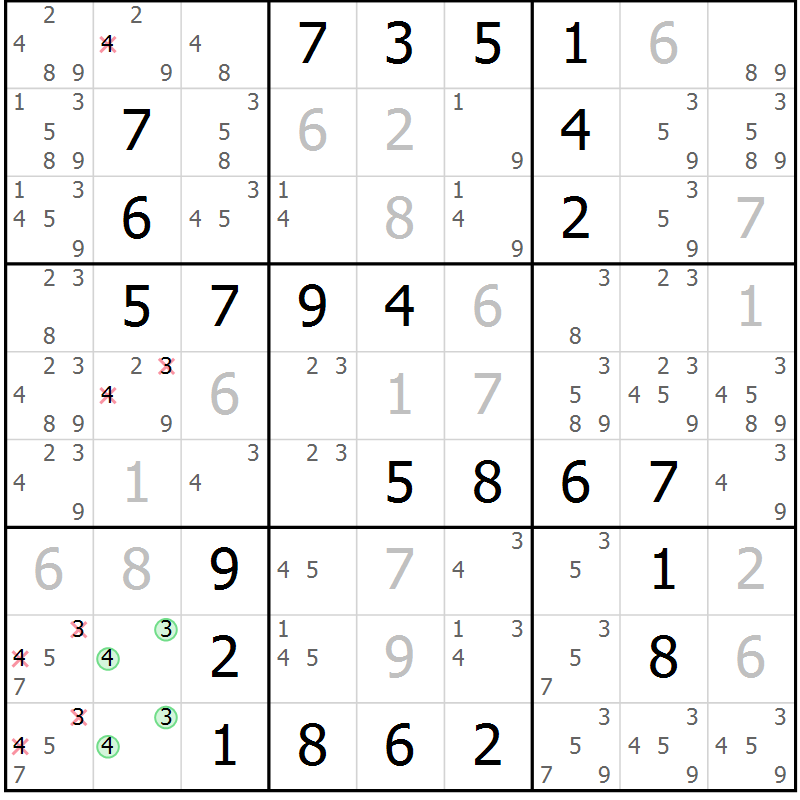 Position des candidats pour la solution de la Gr 34 page 37 du magazine de sudoku Virtuose n° 105