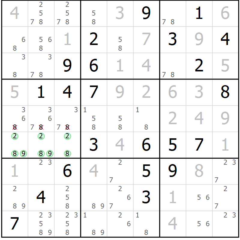 Position des candidats pour la solution de la Gr 36 page 39 du magazine de sudoku Virtuose n° 105