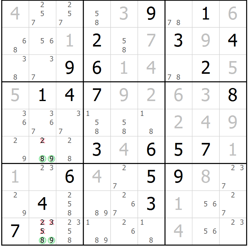 Position des candidats pour la solution de la Gr 36 page 39 du magazine de sudoku Virtuose n° 105