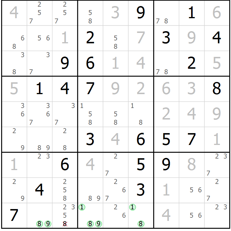 Position des candidats pour la solution de la Gr 36 page 39 du magazine de sudoku Virtuose n° 105