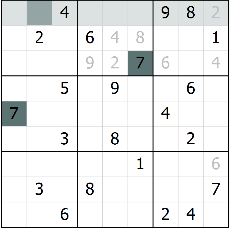 Position des candidats pour la solution de la Gr 4 page 7 du magazine de sudoku Virtuose n° 105