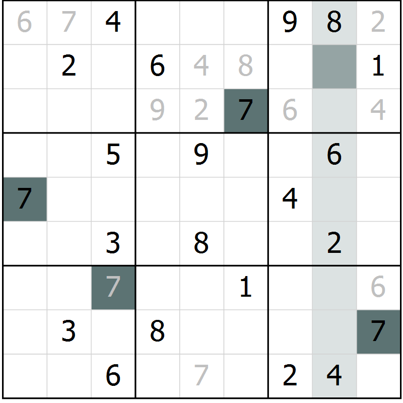 Position des candidats pour la solution de la Gr 4 page 7 du magazine de sudoku Virtuose n° 105