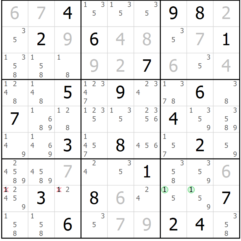 Position des candidats pour la solution de la Gr 4 page 7 du magazine de sudoku Virtuose n° 105