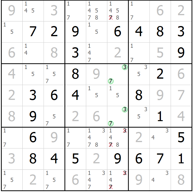 Position des candidats pour la solution de la Gr 41 page 44 du magazine de sudoku Virtuose n° 105