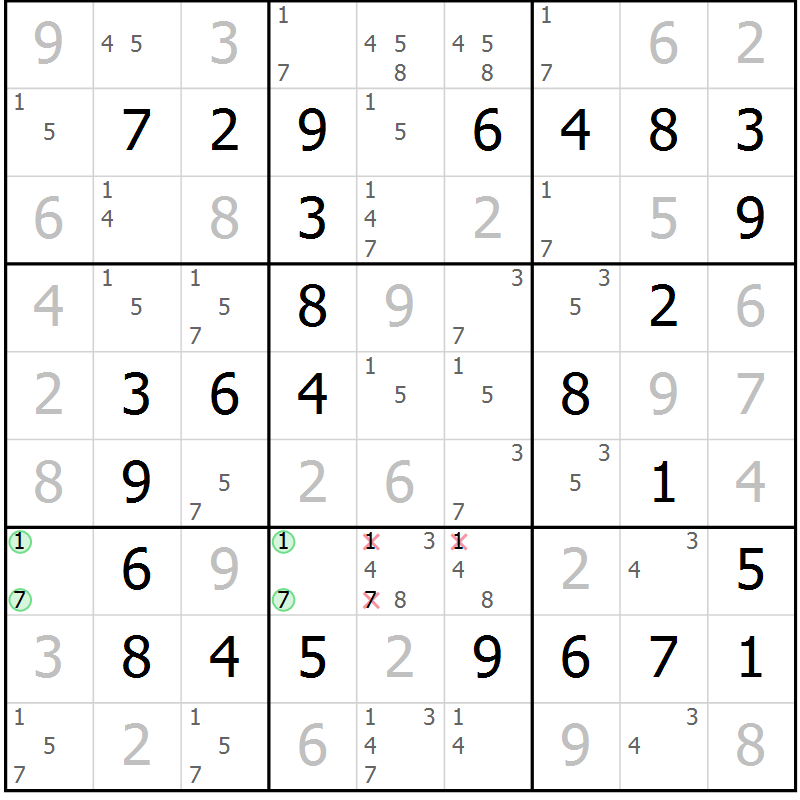 Position des candidats pour la solution de la Gr 41 page 44 du magazine de sudoku Virtuose n° 105