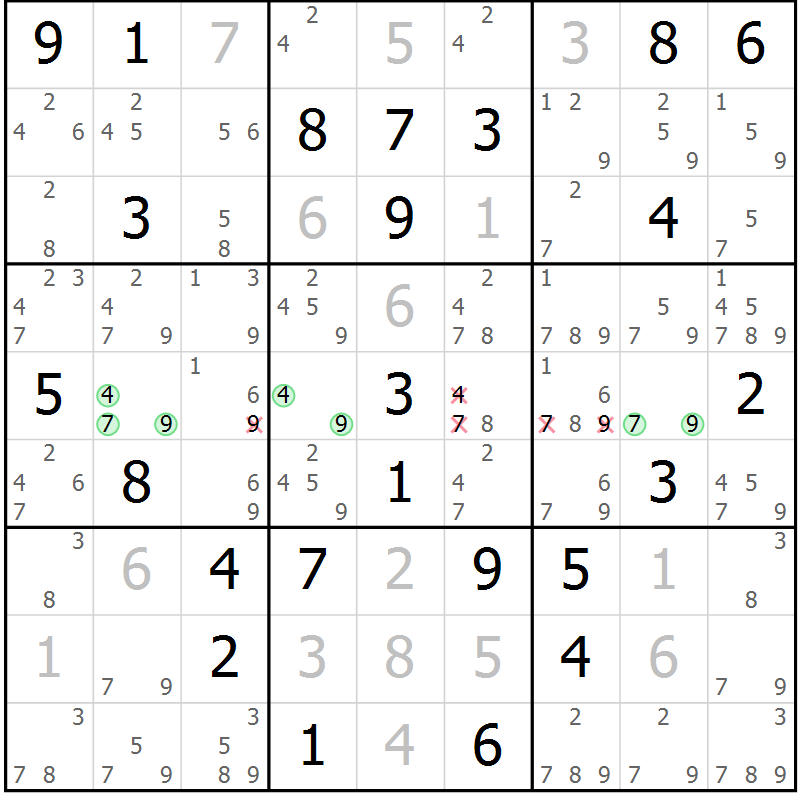 Position des candidats pour la solution de la Gr 42 page 45 du magazine de sudoku Virtuose n° 105