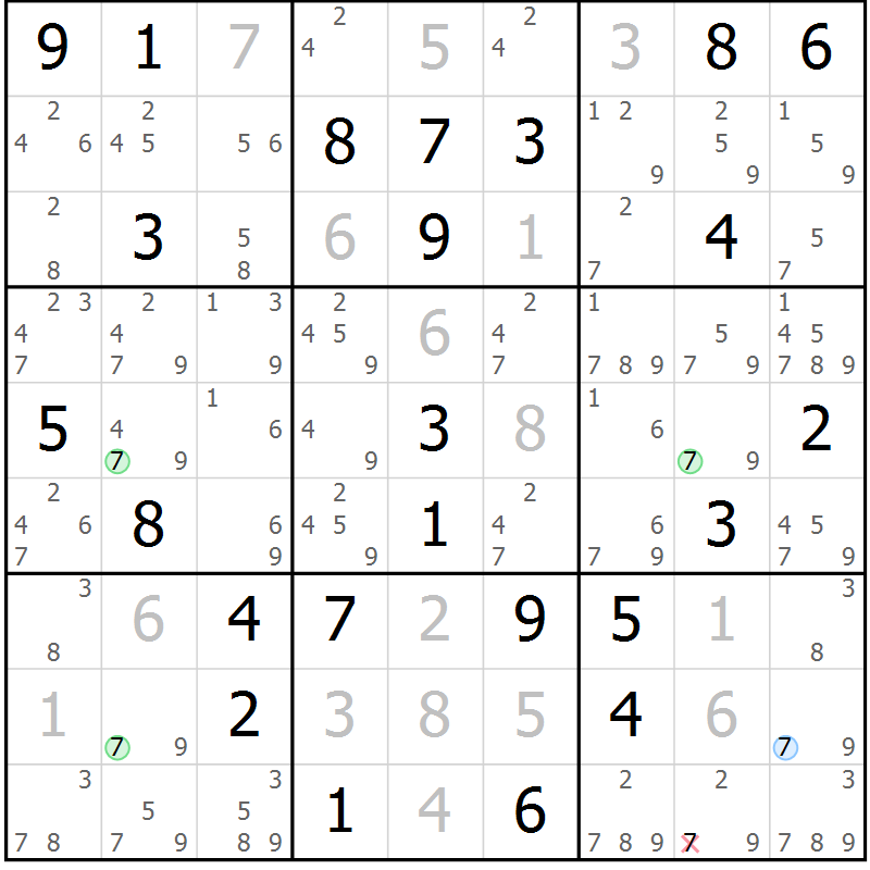 Position des candidats pour la solution de la Gr 42 page 45 du magazine de sudoku Virtuose n° 105