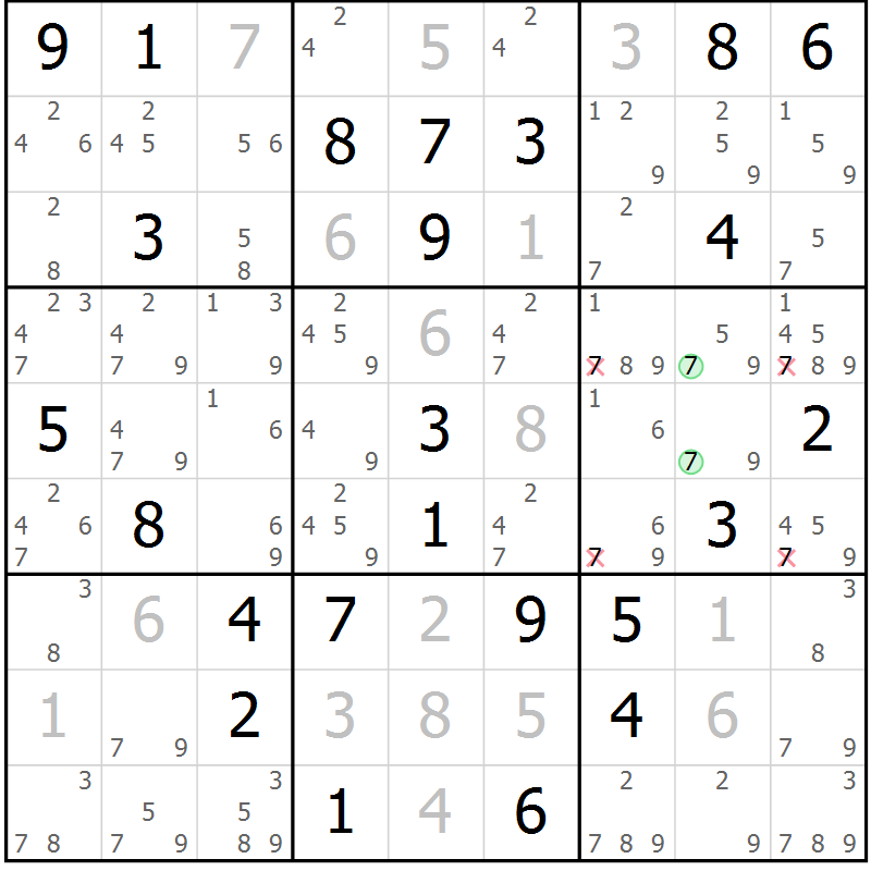 Position des candidats pour la solution de la Gr 42 page 45 du magazine de sudoku Virtuose n° 105