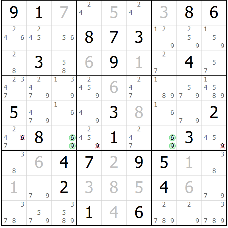 Position des candidats pour la solution de la Gr 42 page 45 du magazine de sudoku Virtuose n° 105