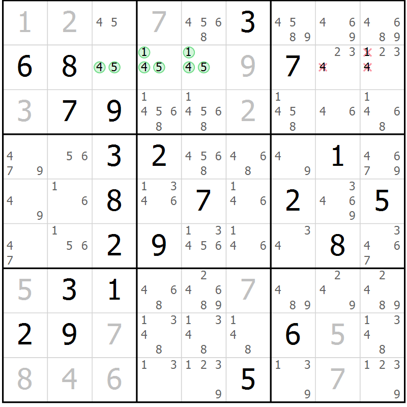 Position des candidats pour la solution de la Gr 43 page 46 du magazine de sudoku Virtuose n° 105