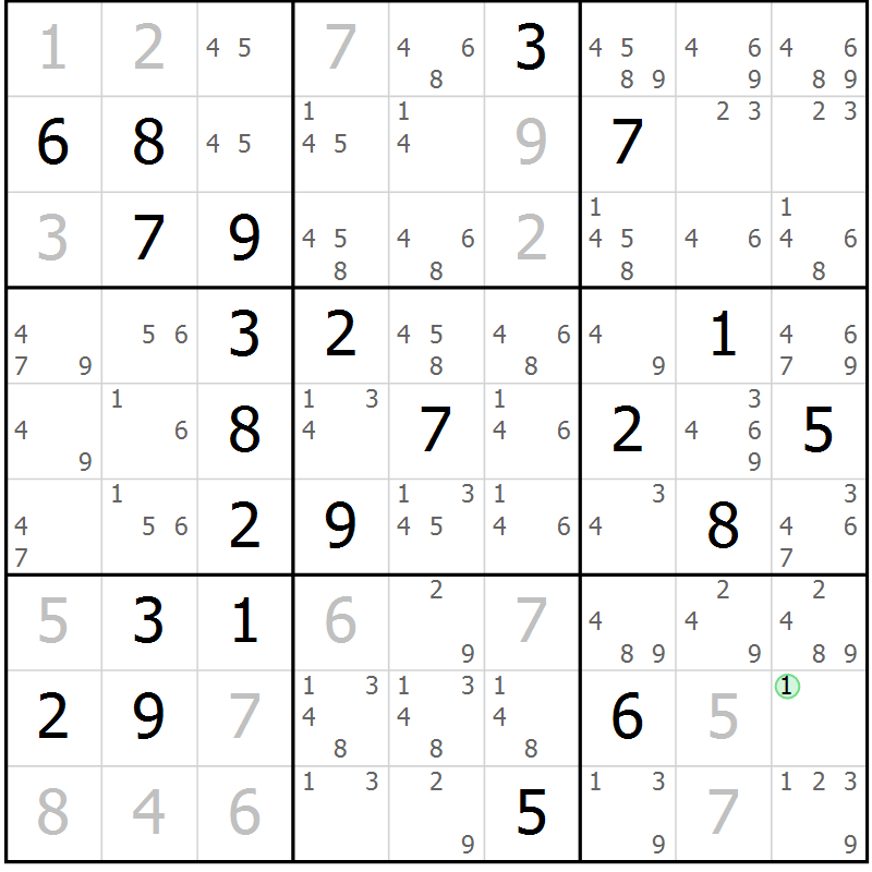 Position des candidats pour la solution de la Gr 43 page 46 du magazine de sudoku Virtuose n° 105