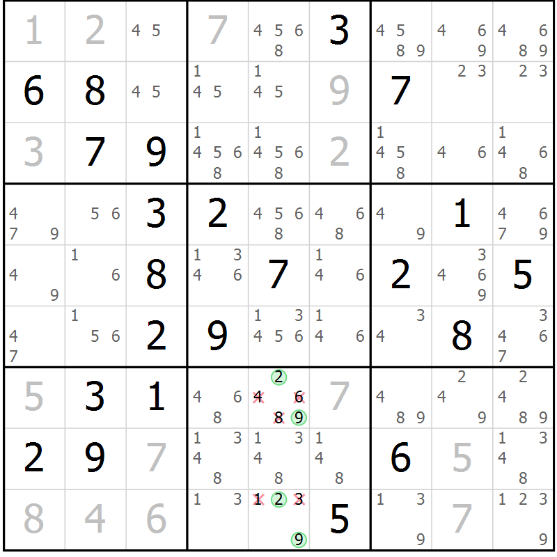 Position des candidats pour la solution de la Gr 43 page 46 du magazine de sudoku Virtuose n° 105