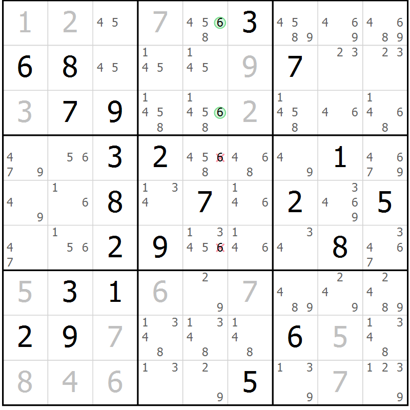 Position des candidats pour la solution de la Gr 43 page 46 du magazine de sudoku Virtuose n° 105