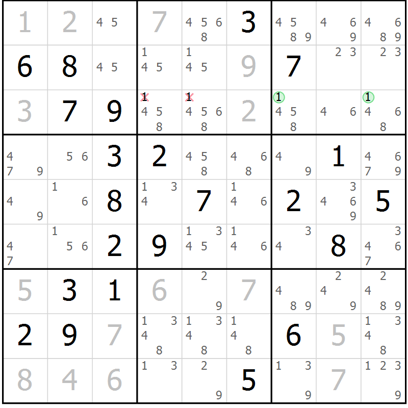Position des candidats pour la solution de la Gr 43 page 46 du magazine de sudoku Virtuose n° 105