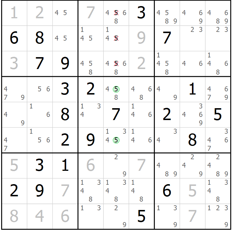 Position des candidats pour la solution de la Gr 43 page 46 du magazine de sudoku Virtuose n° 105