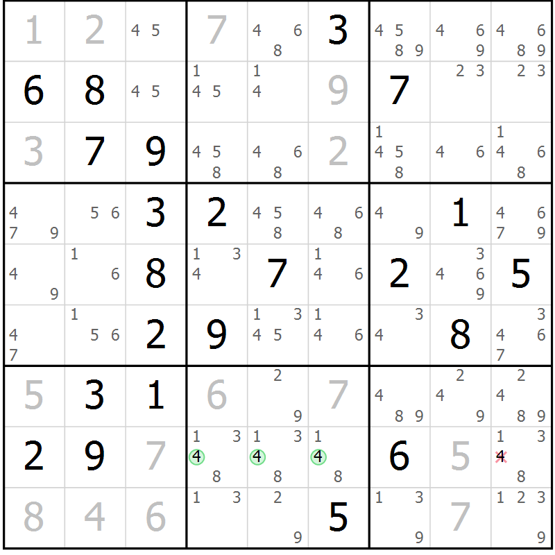 Position des candidats pour la solution de la Gr 43 page 46 du magazine de sudoku Virtuose n° 105