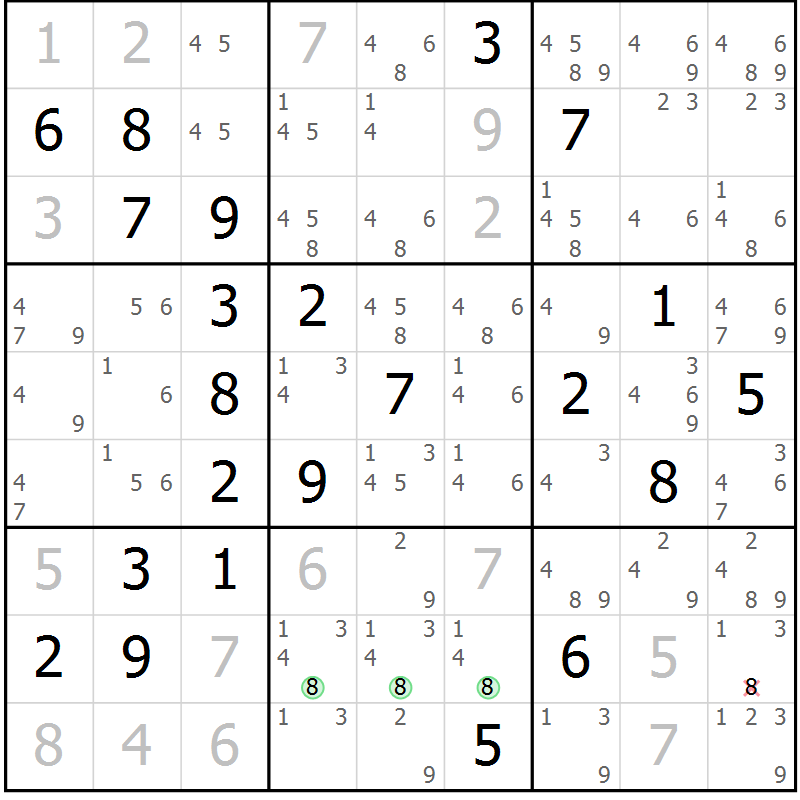 Position des candidats pour la solution de la Gr 43 page 46 du magazine de sudoku Virtuose n° 105