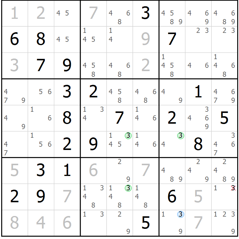 Position des candidats pour la solution de la Gr 43 page 46 du magazine de sudoku Virtuose n° 105