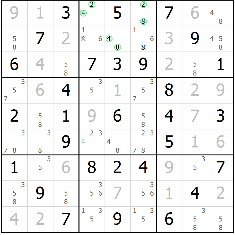 Position des candidats pour la solution de la Gr 45 page 48 du magazine de sudoku Virtuose n° 105