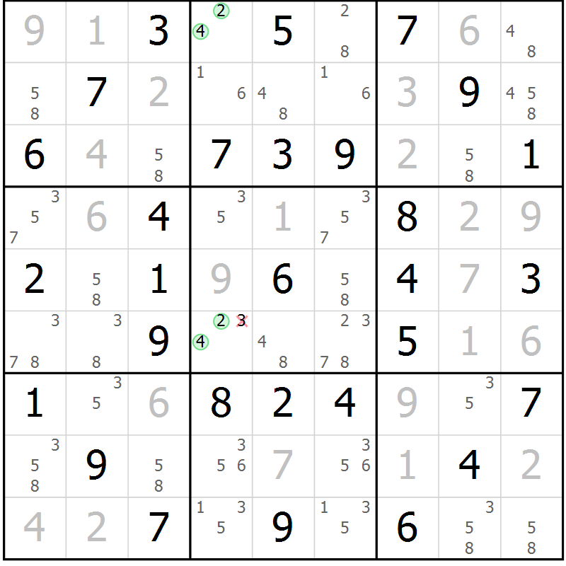 Position des candidats pour la solution de la Gr 45 page 48 du magazine de sudoku Virtuose n° 105