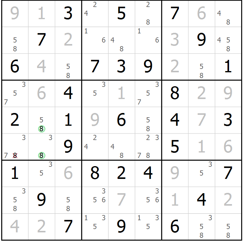 Position des candidats pour la solution de la Gr 45 page 48 du magazine de sudoku Virtuose n° 105