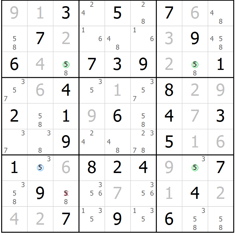 Position des candidats pour la solution de la Gr 45 page 48 du magazine de sudoku Virtuose n° 105