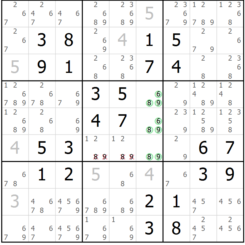 Position des candidats pour la solution de la Gr 46 page 49 du magazine de sudoku Virtuose n° 105