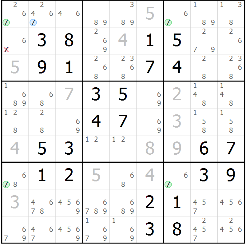 Position des candidats pour la solution de la Gr 46 page 49 du magazine de sudoku Virtuose n° 105
