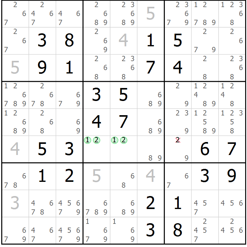 Position des candidats pour la solution de la Gr 46 page 49 du magazine de sudoku Virtuose n° 105