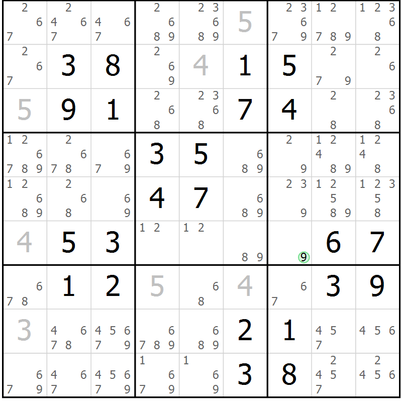 Position des candidats pour la solution de la Gr 46 page 49 du magazine de sudoku Virtuose n° 105